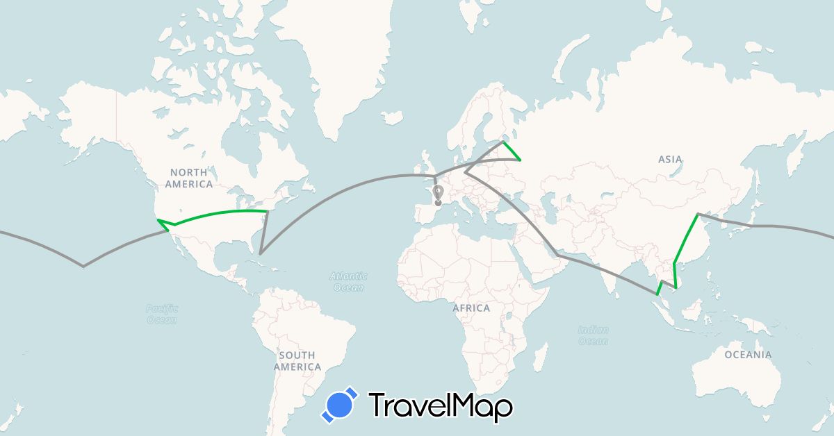 TravelMap itinerary: bus, plane in United Arab Emirates, Bahamas, China, Germany, France, United Kingdom, Japan, South Korea, Russia, Thailand, United States, Vietnam (Asia, Europe, North America)